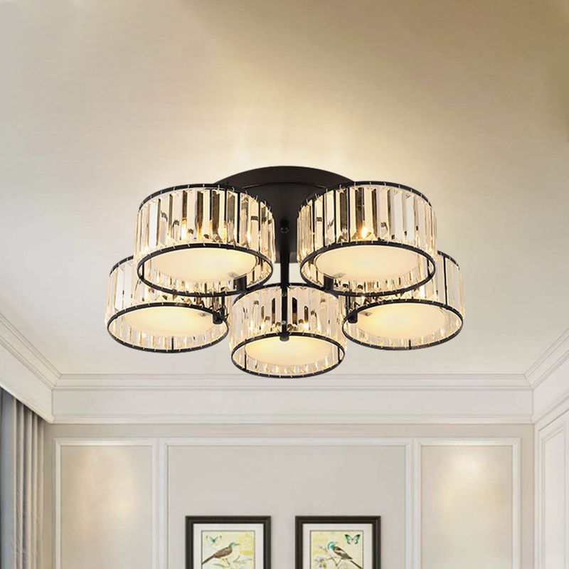 3/5/6 Lights Living Room Ceiling Light Fixture Modern Black Flush Mount with Drum Crystal Shade
