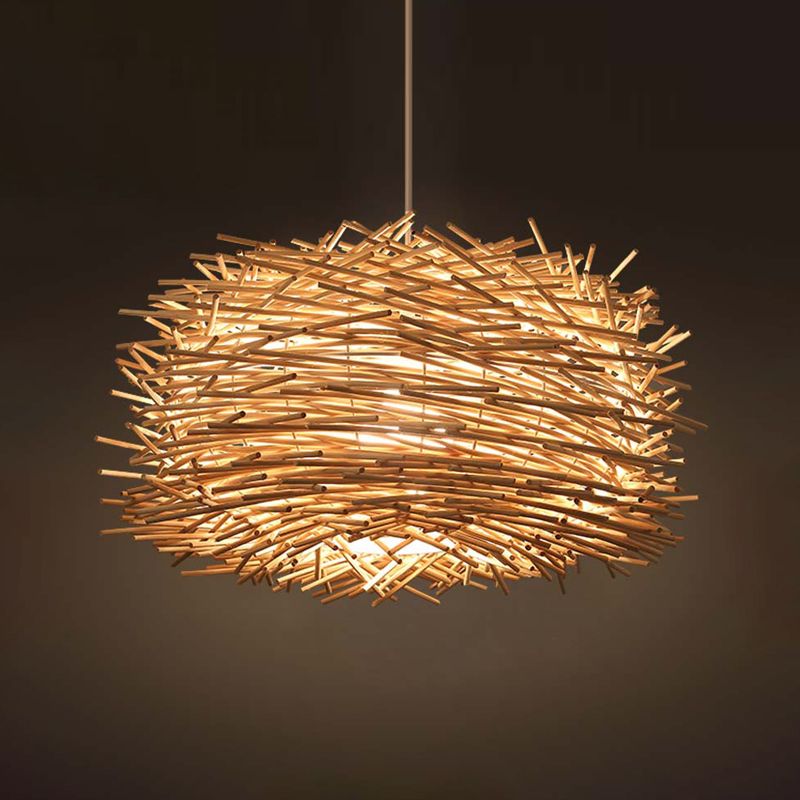 Nest Shaped Bamboo Pendant Light Fixture Asian 1 Head Suspension Light for Dining Room