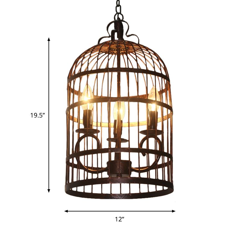 Metal Elongated Bird Cage Pendant Light Rural 3-Head Indoor Chandelier Lighting Fixture in Black