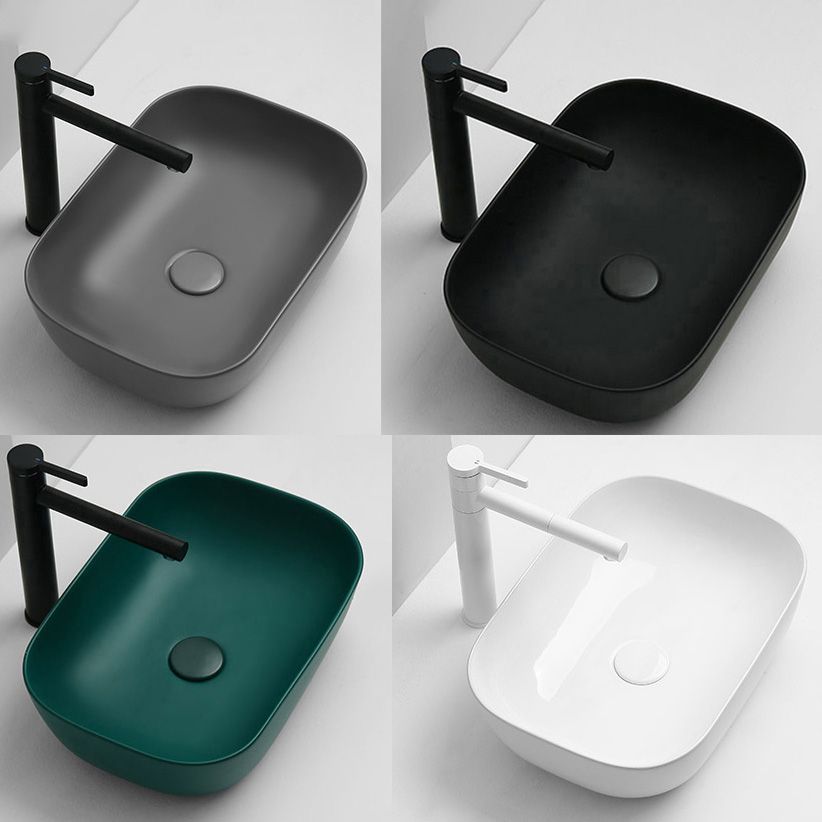 Contemporary Bathroom Sink Pop-Up Drain Porcelain Solid Color Rectangular Vessel Sink