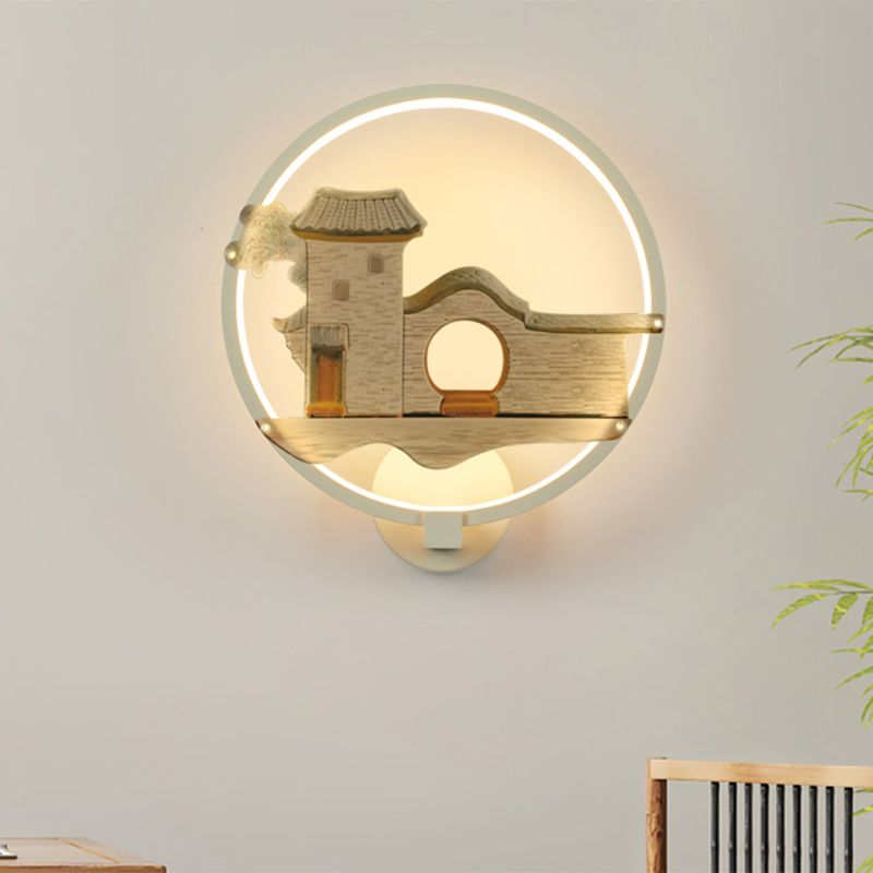 Black/White Circular House Wall Lighting Asia Style LED Metal Wall Mural Lamp for Guest Room