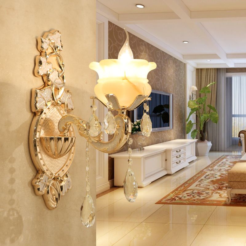 Traditional Candle Wall Mount Lamp 1/2 Heads White Glass Wall Sconce Lighting in Brass with Crystal Draping