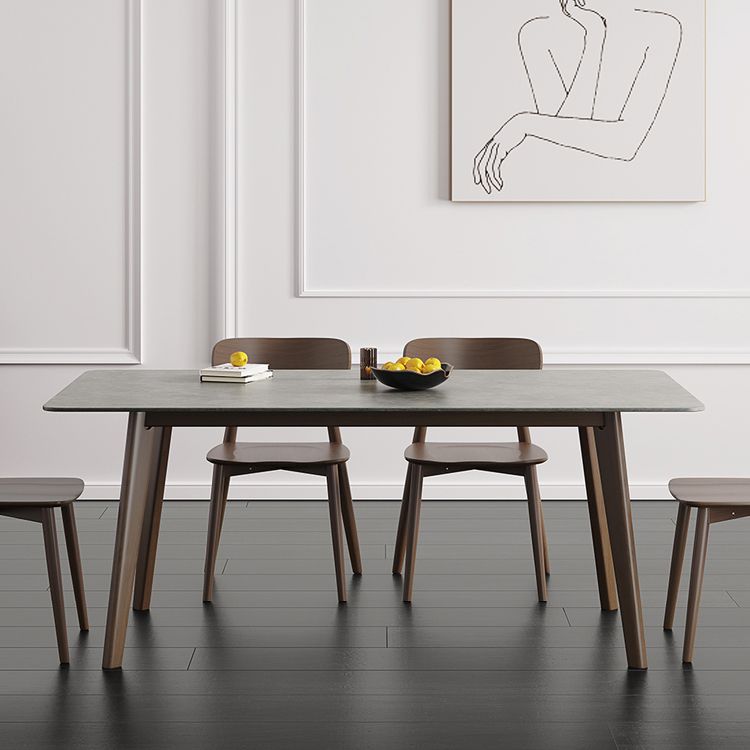 Mesa de comedor moderna de mediados de siglo, mesa de comedor rectangular de piedra sinterizada con base de madera