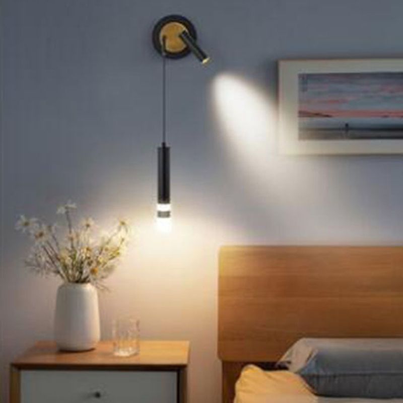 Tube Shaped LED Wall Lamp Postmodern Metal Bedside Reading Wall Light with Adjustable Cord