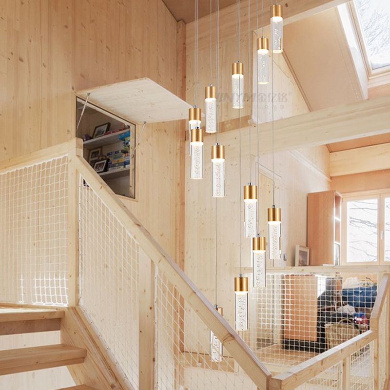 12 Heads Acrylic Pendant Lighting Modernist Gold/Silver Tube Stair Multiple Hanging Lamp with Spiral Design