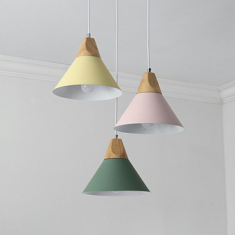 Metallic Conical Shade Hanging Light Nordic Style 3 Bulbs Wood Multi Light Pendant