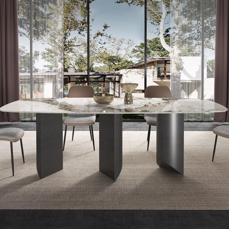 Rectangle Sintered Stone Top Table Modern Grey Metal Base Table