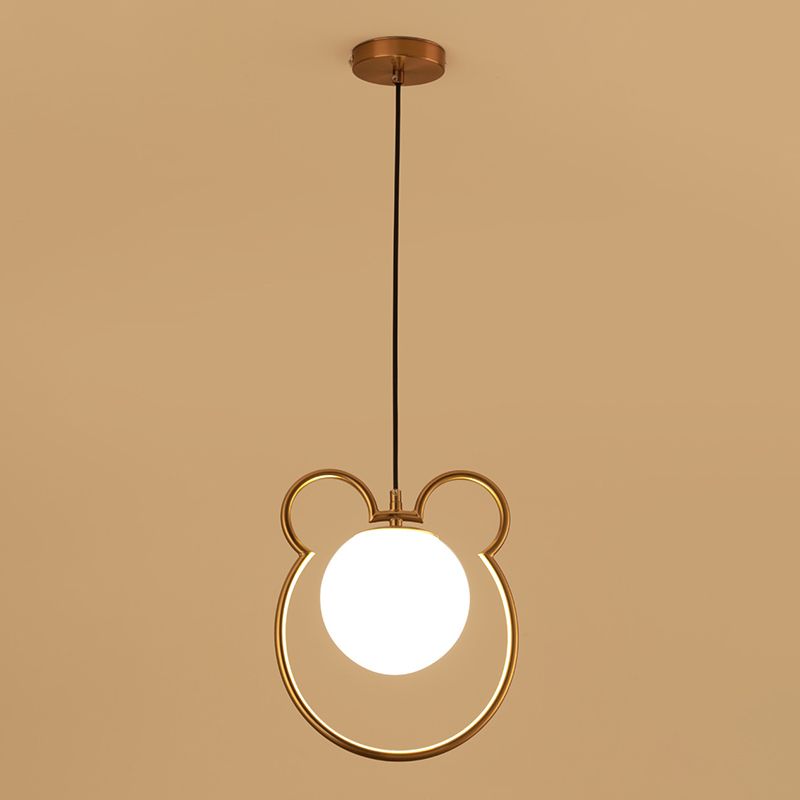 Nordic Minimalism Little Bear Lines Frame Hanging Light with White Glass Ball Shade Mini Pendant Fixtures for Bedside