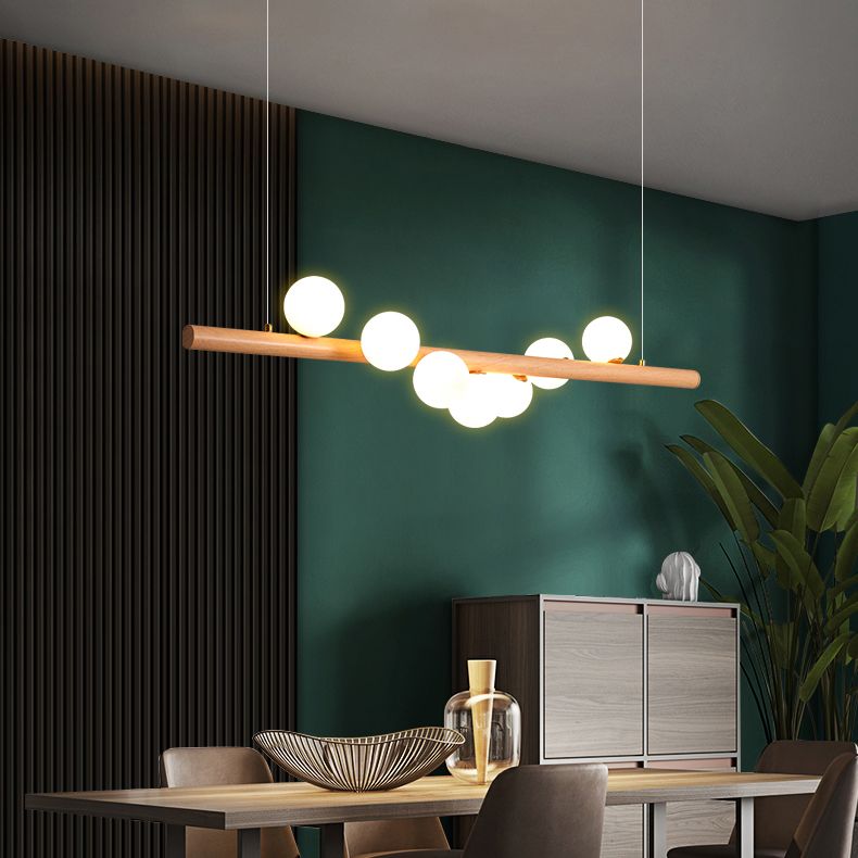 Faux Wood Design Modern Island Light White Glass Ball Shade Modern Hanging Lamp for Restaurants