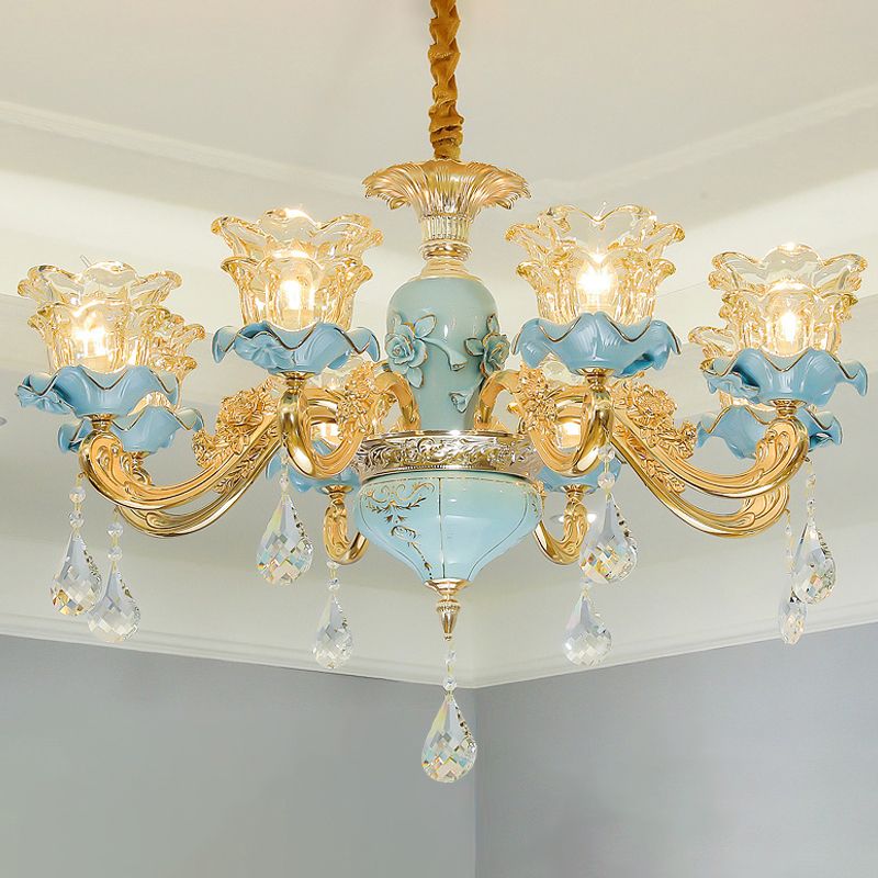 Ruffle Glass Flower Chandelier Pendant Light Vintage Living Room Hanging Light with Hanging Crystal in Blue