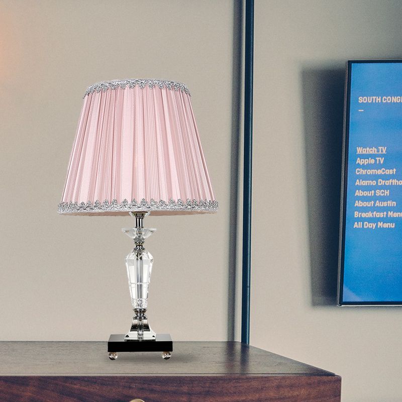 Single Bulb Night Table Light Minimalism Tapered Fabric Nightstand Lamp in Pink/Blue with Crystal Deco
