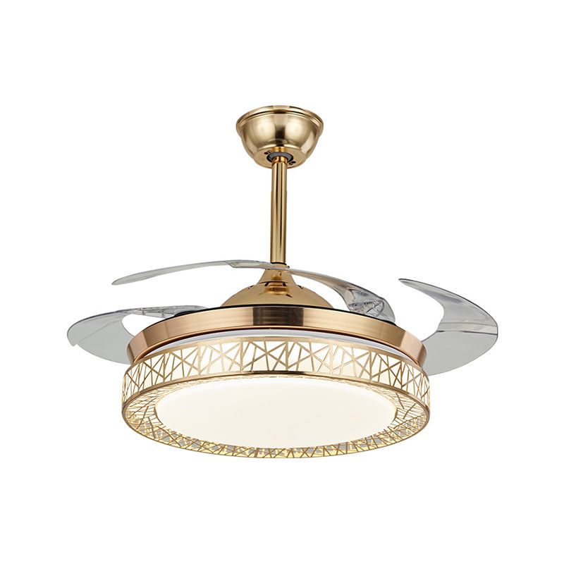 42 "brede LED semi-flush plafondlicht minimalisme ring metalen hanger ventilatorlamp in zilver met 4 heldere messen, externe/wandregeling/3 kleurlicht