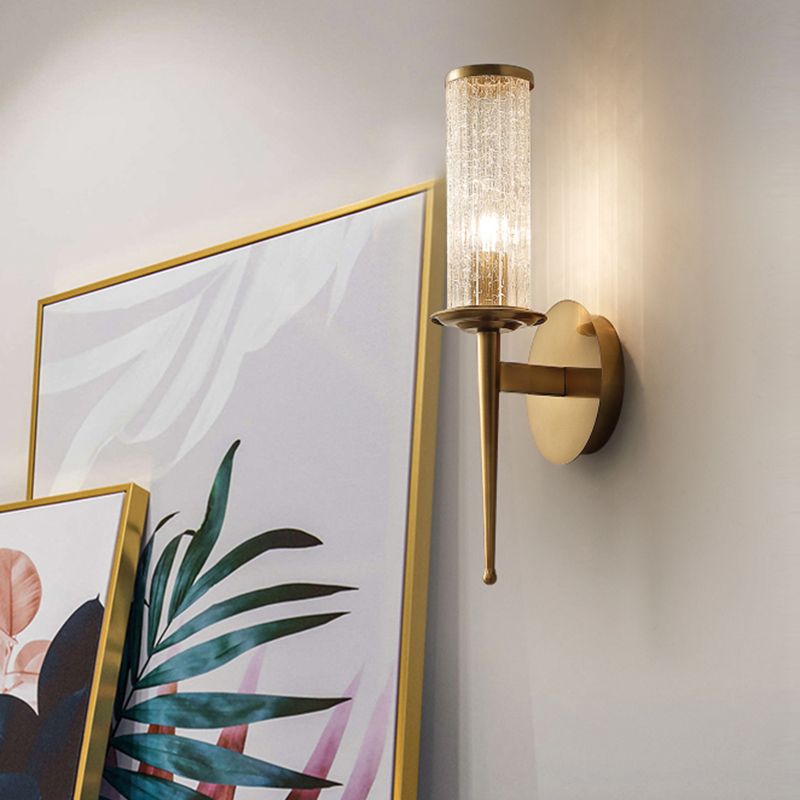 Crackle Glass Gold Wall Lighting Cylinder 1/2 Heads Vintage Wall Light Fixture with Metal Straight Arm