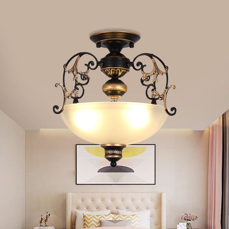 Open-Top Bowl Pathway Ceiling Lamp Antique Opal Glass 3-Light Black Semi Mount Lighting with Swirled Arm