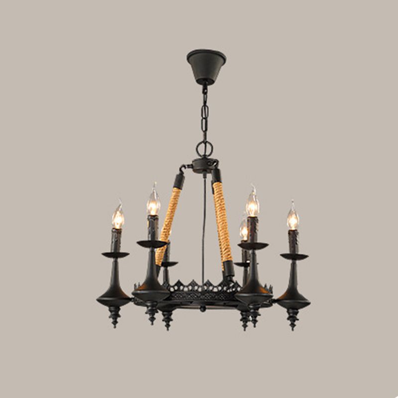 Iron Candle Chandelier Light Fixture Warehouse 6/8 Heads Dining Room Hanging Ceiling Light in Black with Rope Cord