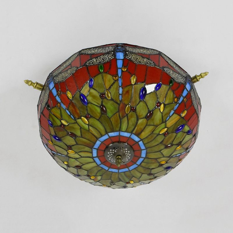 5 Lichter Dragonfly Deckenbeleuchtung Tiffany Messing Buntglas Halbflush Mount Light, 21,5 "/25,5" W.