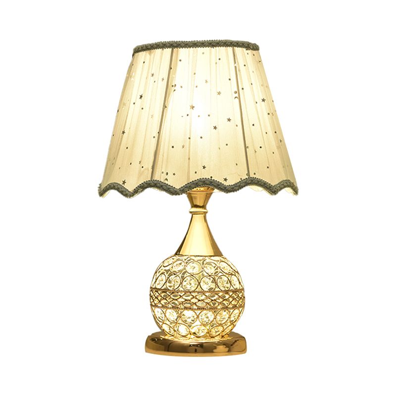Crystal Embedded Gold Nightstand Lamp Sphere Framed 1 Bulb Traditional Table Light with Star-Patterned Shade