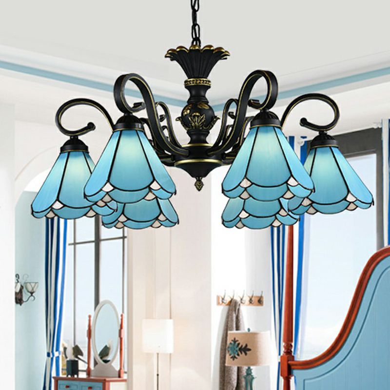 6 têtes CHANDELER DE LA LAMPE DE PROSDE CONICAL MEDITRANANIEN AVEC ARGET SCALLOPED
