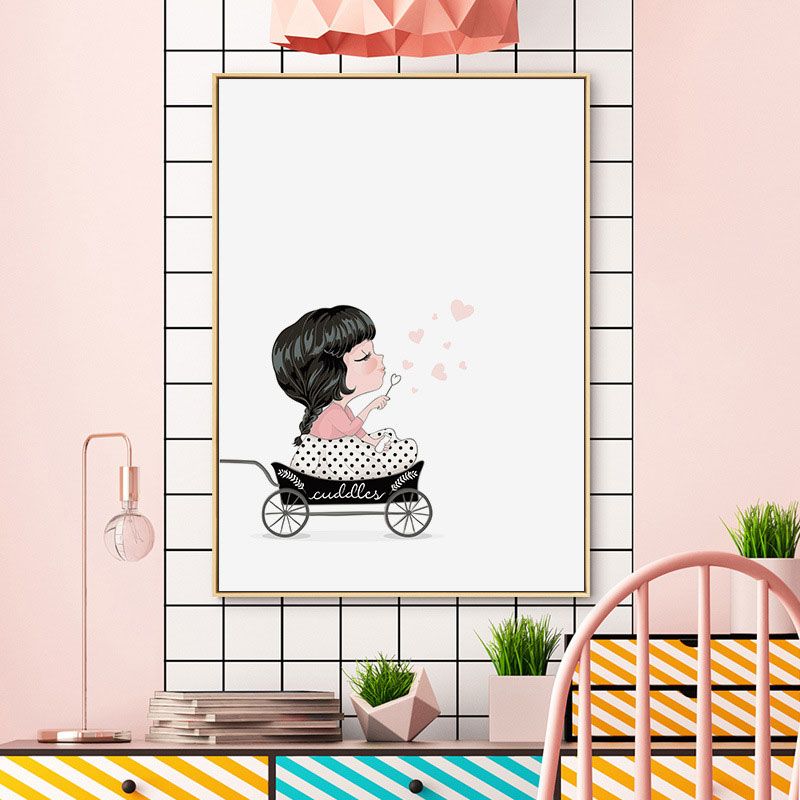White Bear and Girl Canvas Art Decorative Cartoon for Playroom Painting, Multiple Sizes