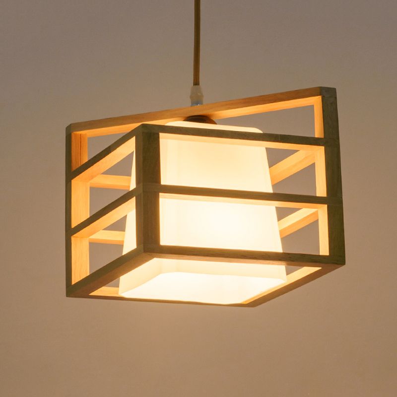 Rhombus Cage Kitchen Dinette Pendant Wooden 1 Head Asian Ceiling Hanging Light with Inner Frosted Glass Lamp Shade