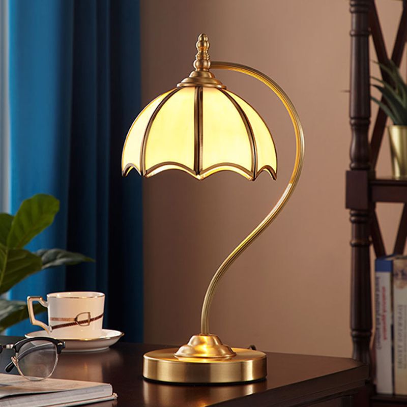 European Style Umbrella-shape Table Lamp Copper Desk Lamp with Glass Shade for Bedside