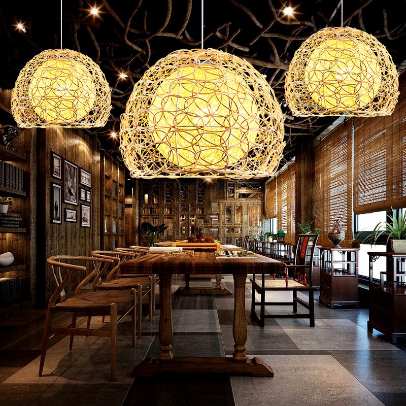 Wood Handcrafted Suspension Lighting Minimalist Single Bamboo Pendant Ceiling Light