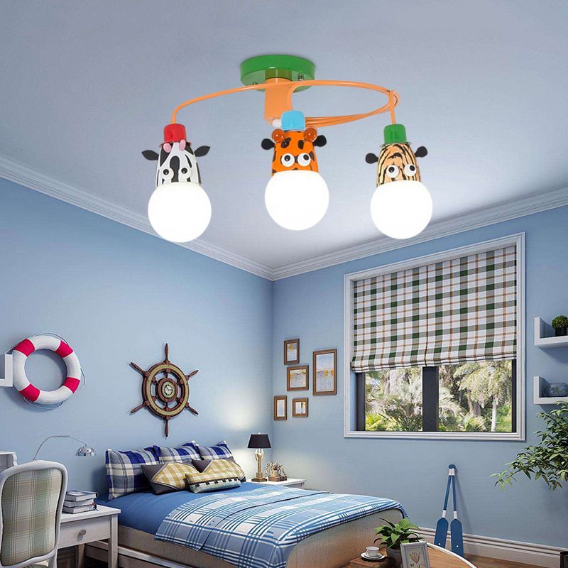 Animal Socket Metallic Semi Flush Mount Kids Orange Ceiling Mounted Light for Kindergarten