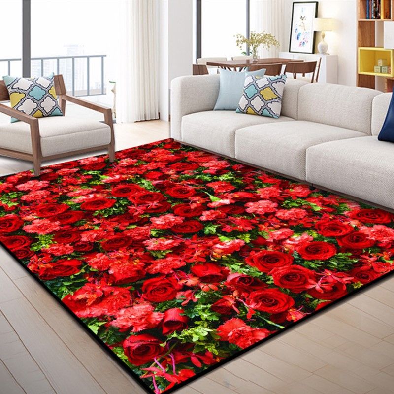 Modern Rose Flower Print Carpet Polyester Area Rug Non-Slip Backing Indoor Carpet for Living Room