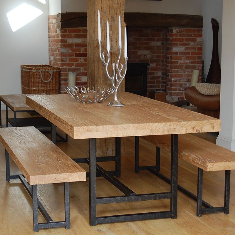 Mesa de comedor industrial rectangular de metal, mesa superior de madera maciza de pino con base de caballete