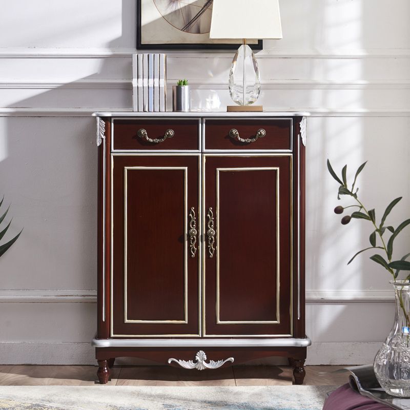 Mid Century Brown 2-Door Cabinet Solid Wood Chest with 2 - Drawer