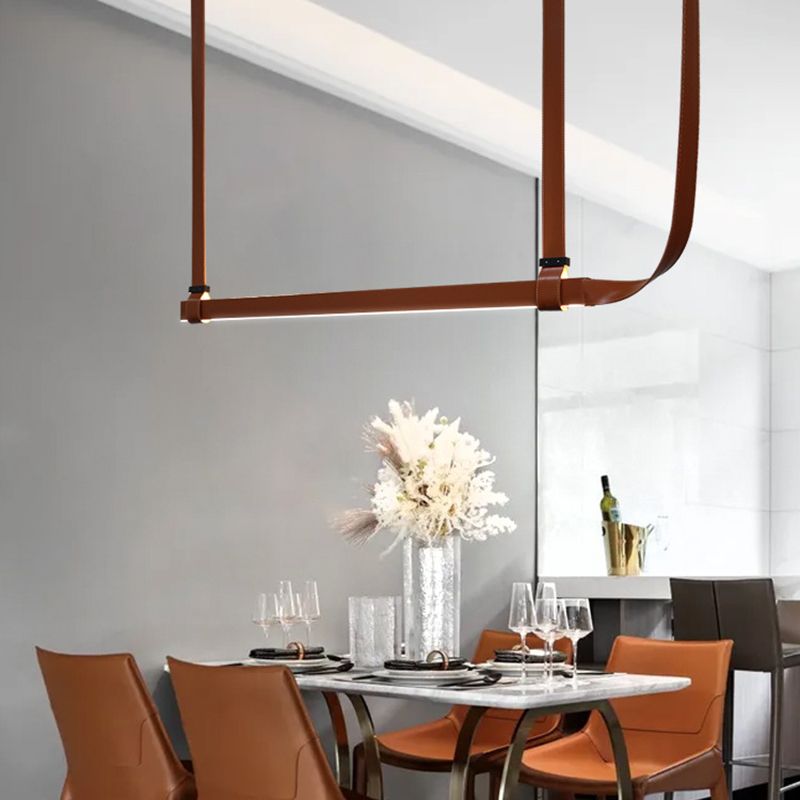 Contemporary Leather LED Hanging Pendant Lights in Brown for Dining Room