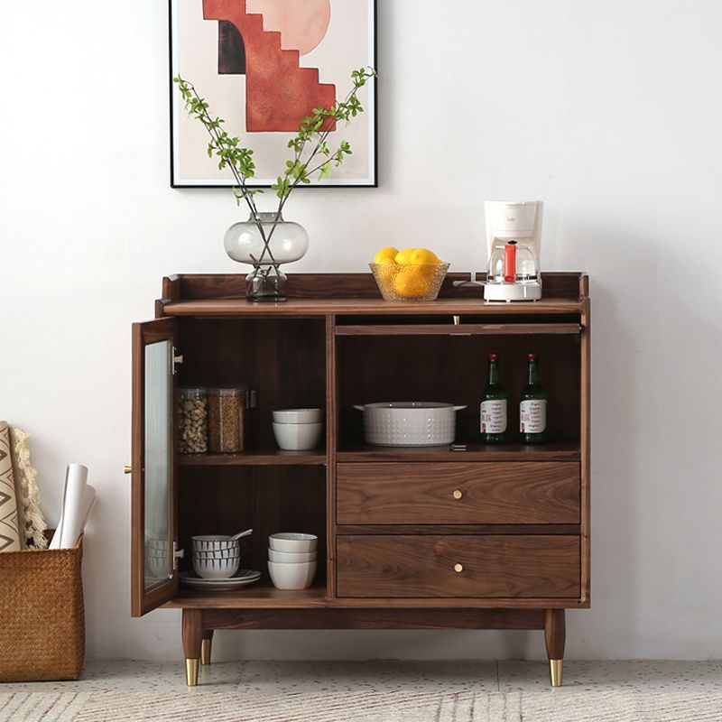 Modern Solid Wood Glass Doors Sideboard Cabinet with Cabinets and Drawers