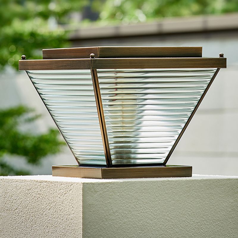 1-Light Solar Energy Pillar Lamp Brass Outdoor Light with Glass Shade for Garden