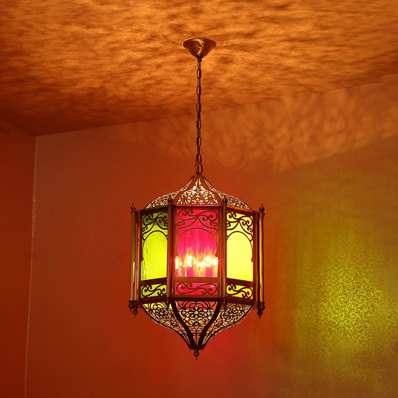 1 Bulb Metal Ceiling Lamp Art Deco Brass Hexagonal Restaurant Hanging Light Fixture