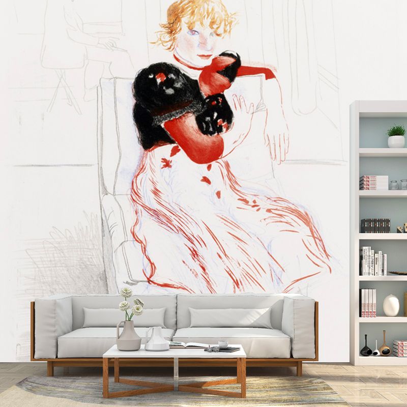 Little Girl Portrait Mural Decal in Black-Red Art Deco Wall Covering for Bedroom