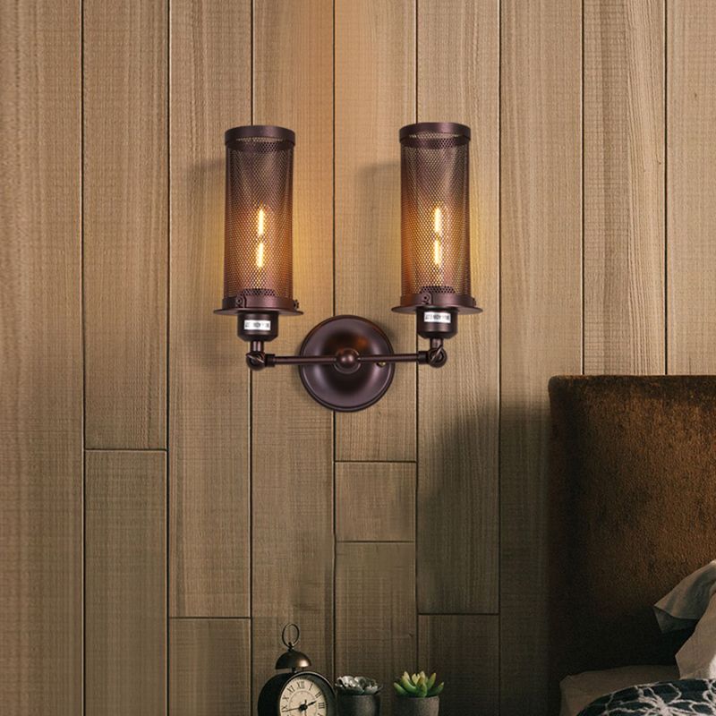 Black Cylinder Wall Lighting Industrial Metal 2-Light Bedroom Sconce Lamp with Cage and Round Backplate