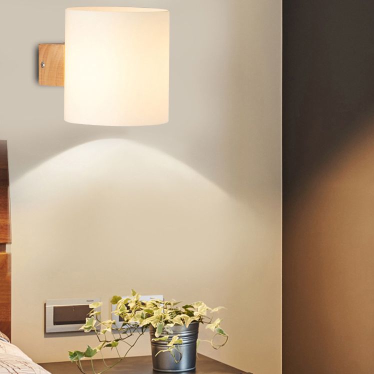Wooden Cylindrical Wall Lamp in Modern Concise Style White Glass Wall Sconce for Interior Spaces