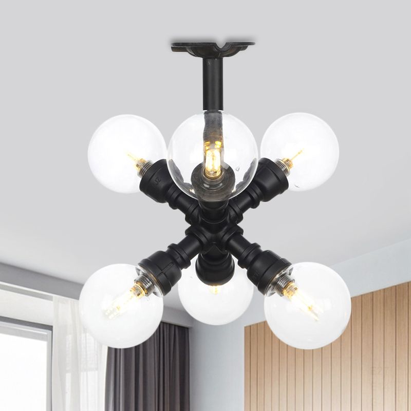 Black 4/5/6-Head Semi Flushmount Antiqued Clear Glass Ball LED Close to Ceiling Lighting