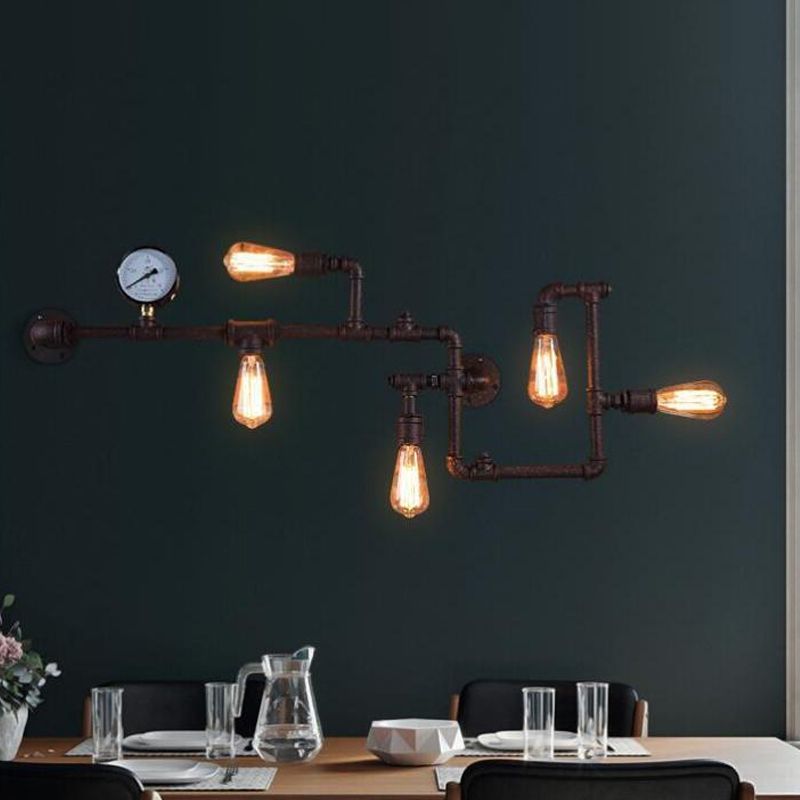5 Bulbs Pipe System Wall Mount Lamp Industrial Antiqued Black/Brass/Rust Wall Light Kit with Decorative Gauge