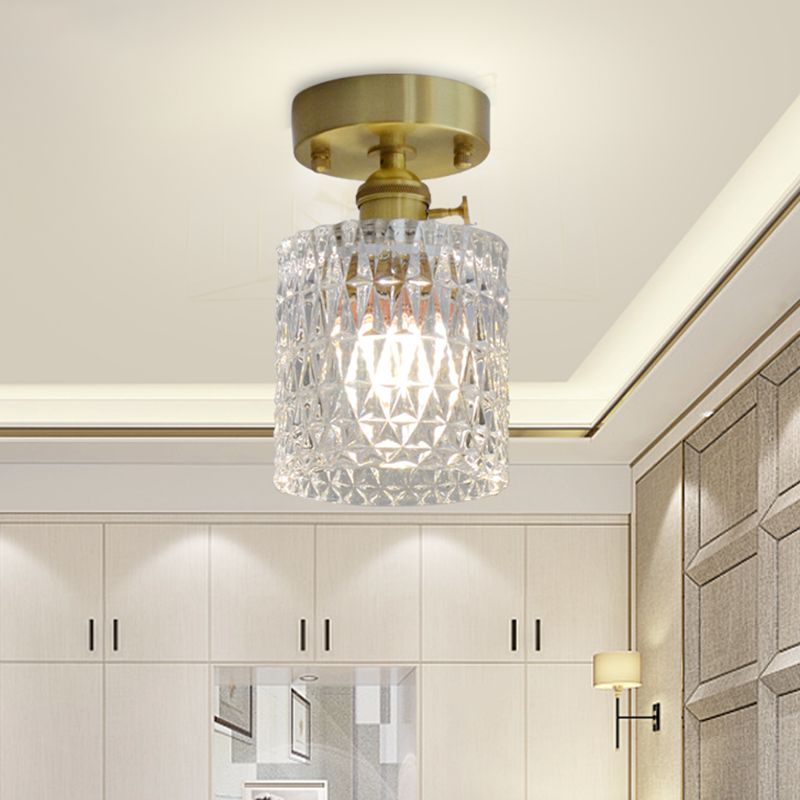 Brass Finish 1-Head Ceiling Mounted Light Minimalist Carved Glass Shaded Semi Flush Mount Lamp for Corridor