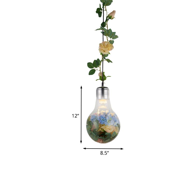 Bulb-Shaped Restaurant Suspension Pendant Antique Clear Glass 8.5"/12" W 1 Head Chrome Flower Drop Lamp