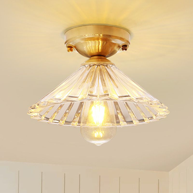 1 Bulb Cone Semi Flush Light Traditionary Ribbed Glass Ceiling Mounted Fixture in Brass for Bedroom