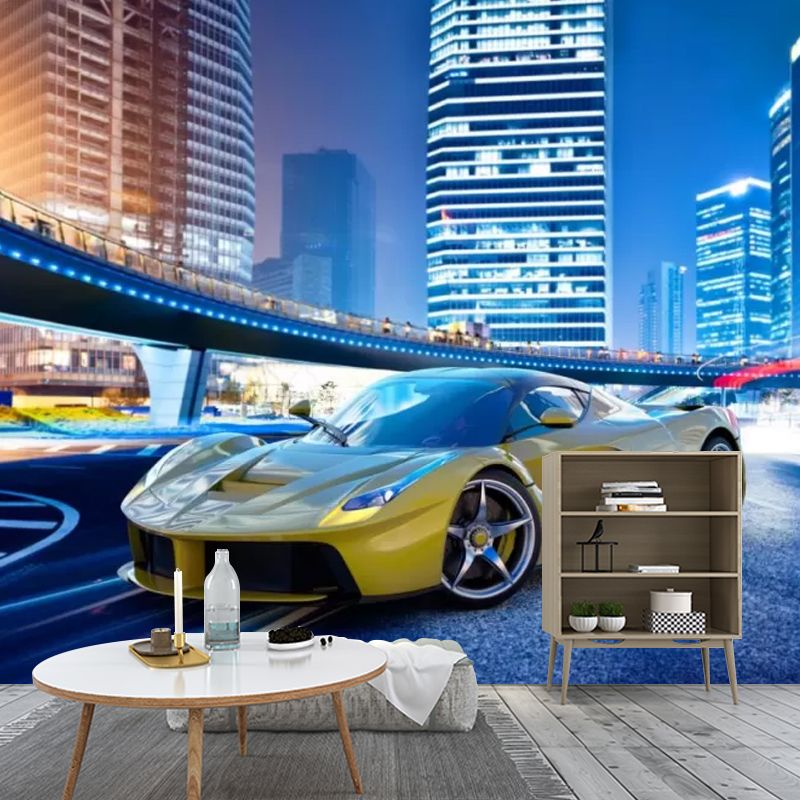 Photography Car and City Mural in Blue and Yellow Non-Woven Wall Covering for Home Decoration, Made to Measure
