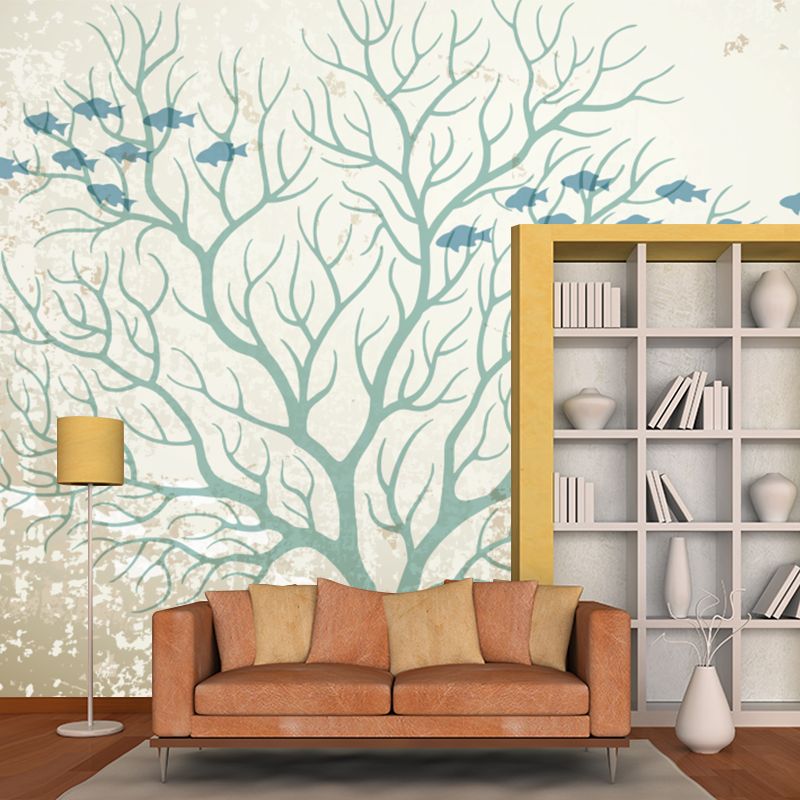 Fish and Bare Tree Murals Modern Moisture Resistant Living Room Wall Covering, Made to Measure