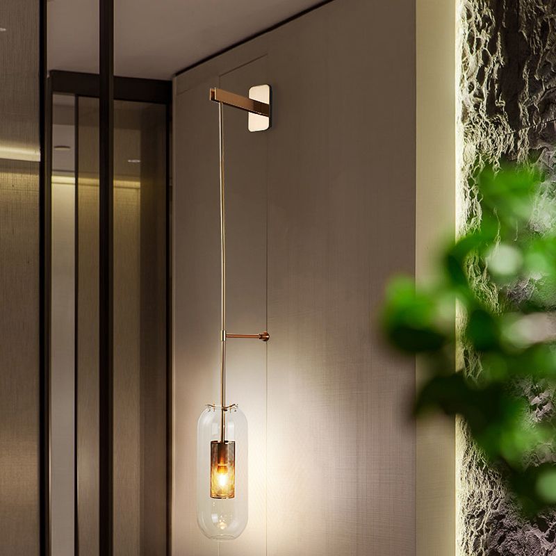 Moderno gambo in metallo applione da parete sospeso in vetro trasparente oblungo vetro a 1 bulbo sconde da parete