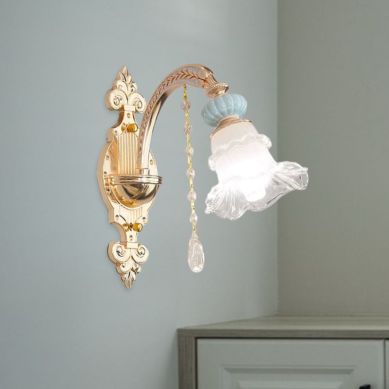 Blue 1/2-Light Sconce Lighting Traditional Opal Frosted Glass Ruffle Trim Wall Lamp with Ceramic Accent