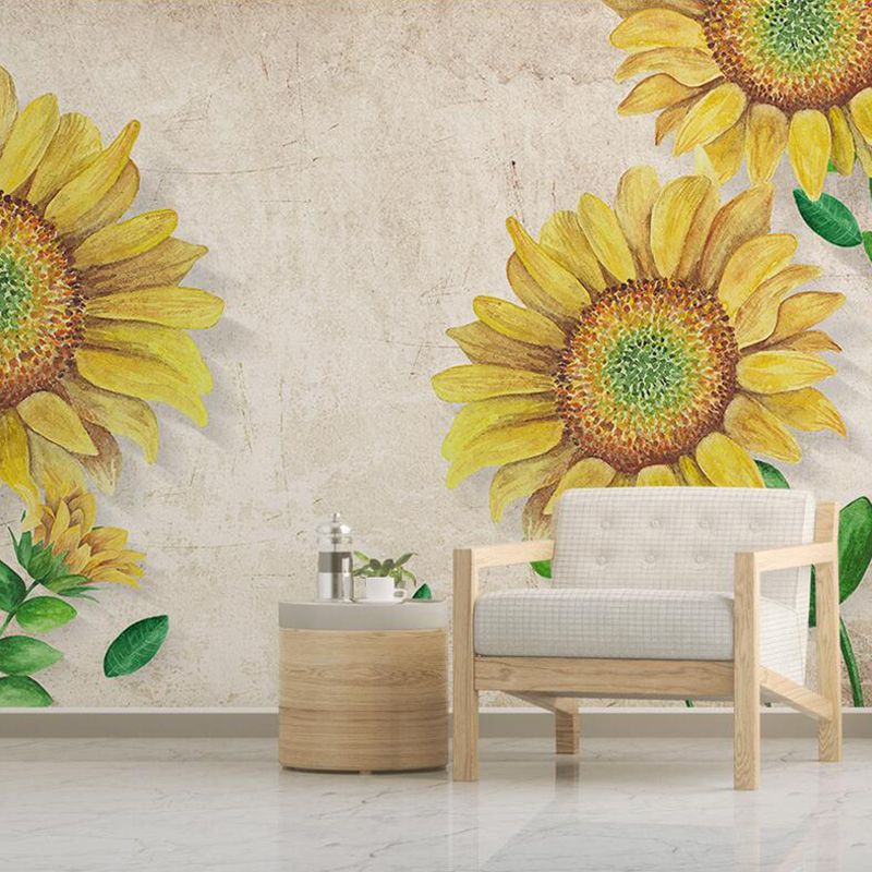 Minimalist Sunflower Wall Mural Decal for Accent Wall, Custom-Made Wall Art in Yellow and Beige