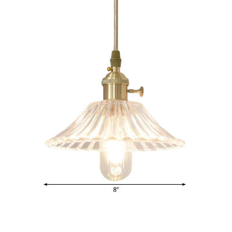 Rustic Wide Cone Hanging Light Single Bulb Clear Fluted Glass Pendant Lamp Kit in Brass