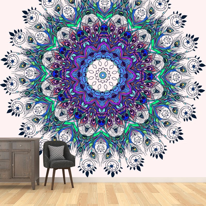 Illustration Peacock Feather Mural Decal for Living Room, Purple-Blue, Custom Size Available
