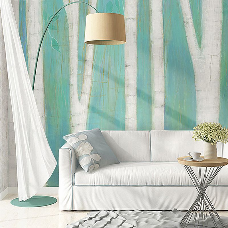 Contemporary Wall Art Green and Blue Birch Tree Mural Wallpaper, Personalized Size Available